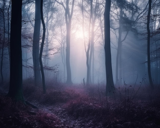 Arafed-Ansicht eines Pfades in einem dunklen Wald mit generativer Nebel-KI