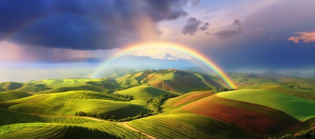 Arafed-Ansicht eines Regenbogens über einem grünen Tal mit einem Regenbogen am Himmel generative KI