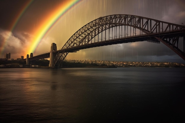 Arafed-Ansicht eines Regenbogens über einer Brücke mit einer Stadt im Hintergrund generative KI