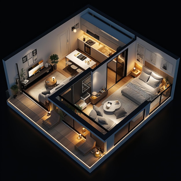 Arafed-Ansicht eines Schlafzimmers und eines Wohnzimmers in einer kleinen Wohnung generative ai