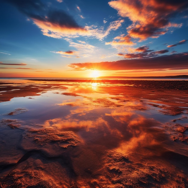 Arafed-Ansicht eines Sonnenuntergangs, der sich in einer Wasserpfütze spiegelt, die künstliche Intelligenz erzeugt