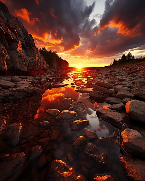 Foto arafed-ansicht eines sonnenuntergangs über einem felsigen strand mit einer pfütze aus wasser erzeugender ki