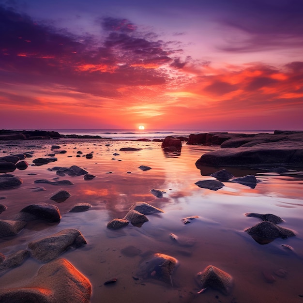 Arafed-Ansicht eines Sonnenuntergangs über einem Strand mit Felsen und wassererzeugender Luft