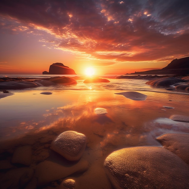 Arafed-Ansicht eines Sonnenuntergangs über einem Strand mit Felsen und wassererzeugender Luft