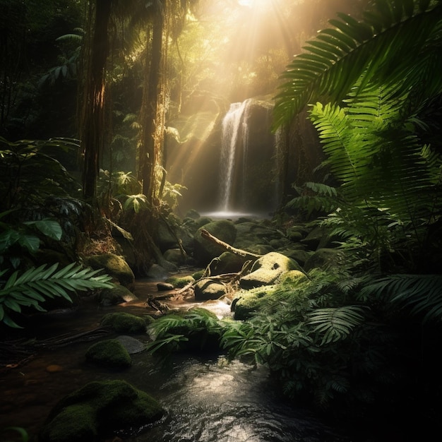 Arafed-Ansicht eines Wasserfalls in einem tropischen Wald mit Sonnenlicht, das durch generative KI strömt