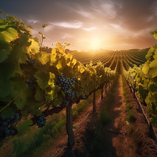 Arafed-Ansicht eines Weinbergs mit einem Sonnenuntergang im Hintergrund, generative KI