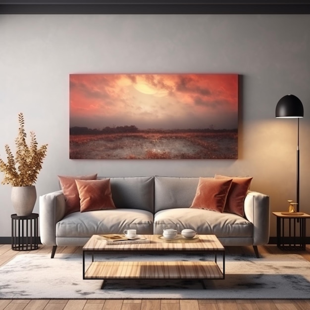 Arafed-Ansicht eines Wohnzimmers mit einer Couch und einem generativen Couchtisch