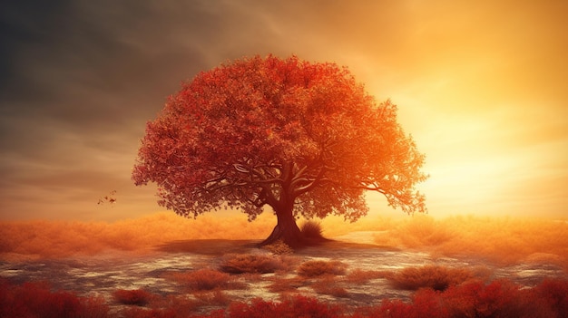 Arafed árvore em um campo com um pôr do sol ao fundo generative ai