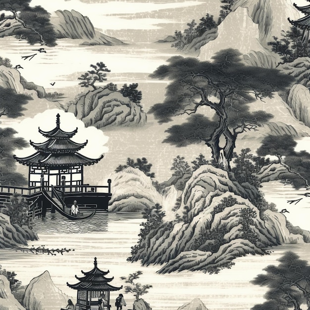 Foto arafed asiatische landschaft mit pagode und bergen in schwarz-weiß generative ai