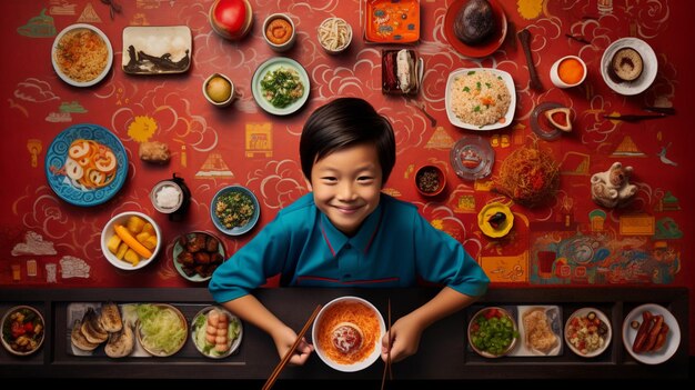 Foto arafed asiatischer junge hält eine schüssel suppe vor einer wand mit tellern mit essen generative ai