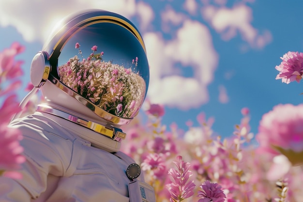 Arafed Astronaut in einem Feld von Blumen mit einem blauen Himmel im Hintergrund generative ai