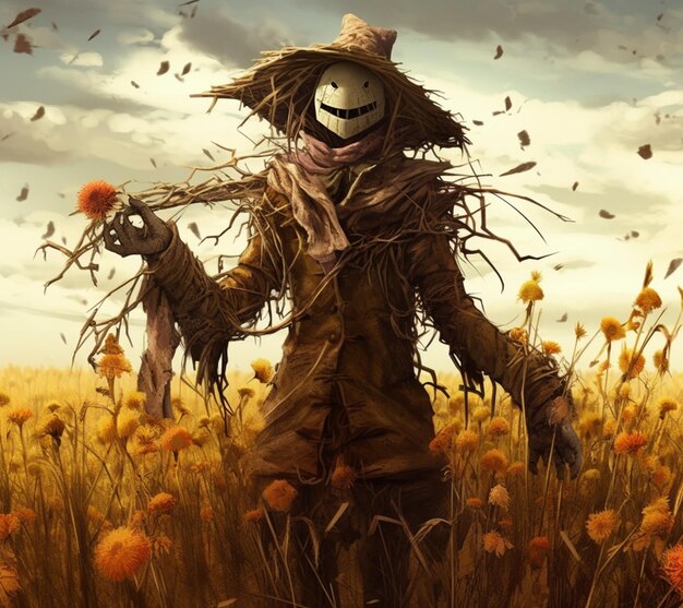 Foto arafed asusta con una cara de miedo y un sombrero de miedo en un campo de flores generativo ai