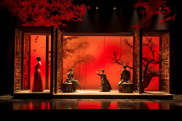 Arafed-Ausstellung von Kleidung im asiatischen Stil mit roter, generativer Beleuchtung
