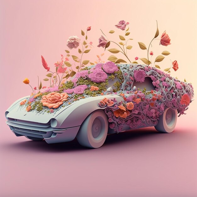 Arafed Auto mit Blumen und Blättern auf der Haube generative ai