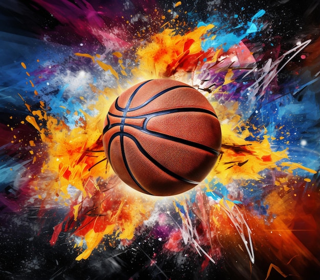 Arafed-Basketball mit bunten Farbflecken und einem schwarzen Hintergrund generativ ai