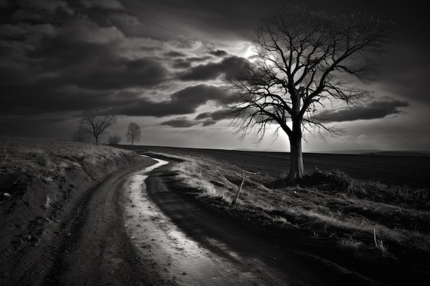 Arafed Baum auf einer unbefestigten Straße in einem Feld mit einem bewölkten Himmel generative KI