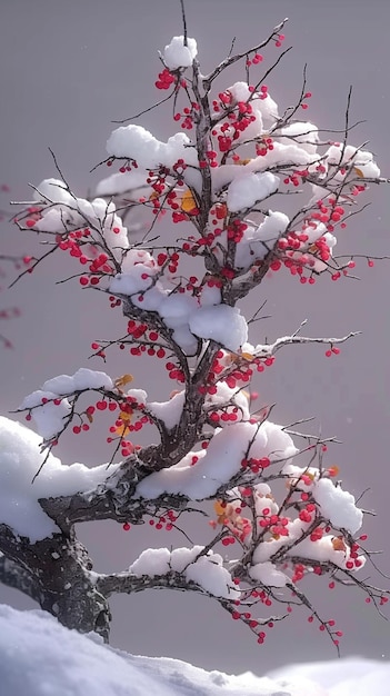 Arafed-Baum mit roten Beeren und Schnee darauf generativ ai