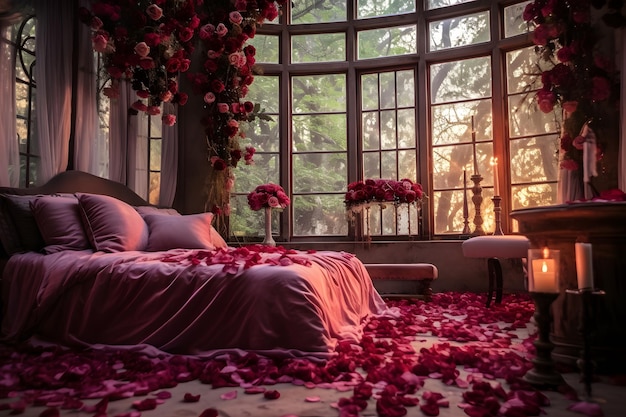 Foto arafed-bett mit einer rosa bettdecke und vielen rosenblättern auf dem boden. generative ki