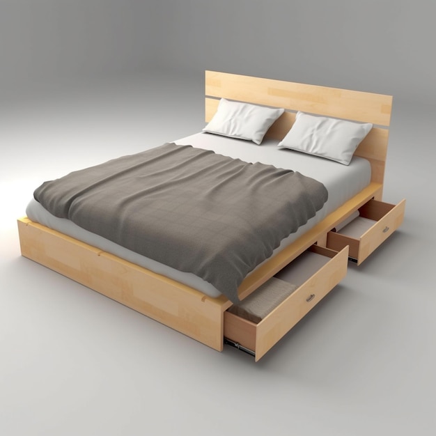 Arafed-Bett mit Holzrahmen und Schubladen darunter generativ ai