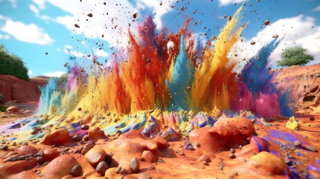 Arafed-Bild einer farbenfrohen Farbexplosion auf einer felsigen Oberfläche generative ai