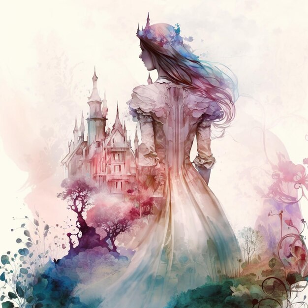 Arafed Bild einer Frau in einem Kleid und ein Schloss generative ai