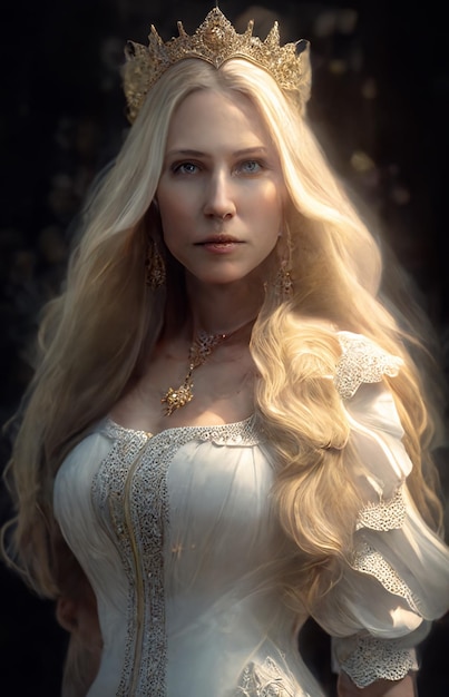Arafed-Bild einer Frau in einem weißen Kleid mit einer Krone auf dem Kopf, generative KI