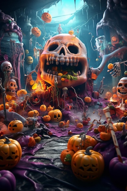 Arafed Bild einer Halloween-Szene mit einem Schädel und Kürbisse generative ai