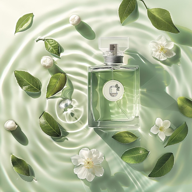 Arafed Bild einer Parfümflasche umgeben von Blumen und Blättern generative ai