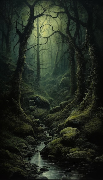 Arafed-Bild eines Baches in einem Wald mit generativer KI aus Moos und Bäumen
