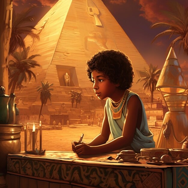 Foto arafed bild eines jungen mädchens schreibt vor einer pyramide generative ai