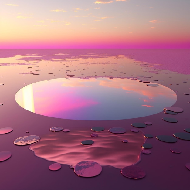 Arafed-Bild eines kreisförmigen Spiegels, der den Himmel und das Wasser reflektiert