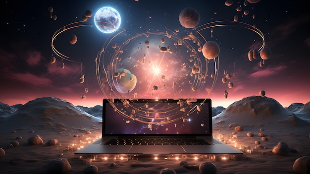 Arafed-Bild eines Laptop-Computers mit einem Planeten im Hintergrund Generative KI