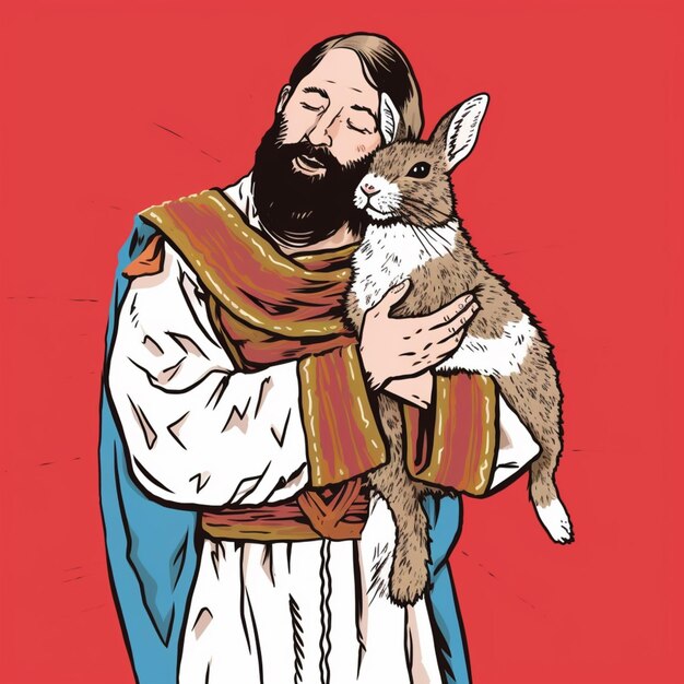 Foto arafed-bild eines mannes, der eine katze und ein kaninchen hält, generative ki
