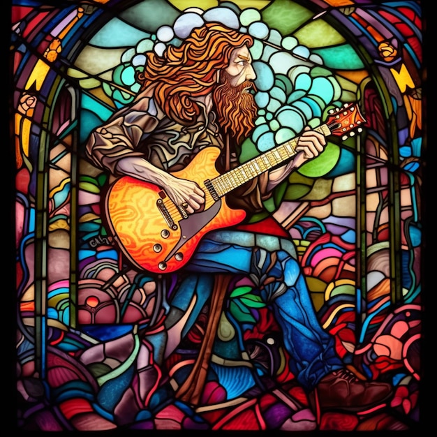 Arafed-Bild eines Mannes, der in einem Buntglasfenster Gitarre spielt, generative KI