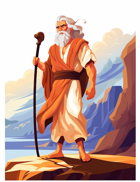 Arafed-Bild eines Mannes mit einem Stab, der auf einer Klippe steht