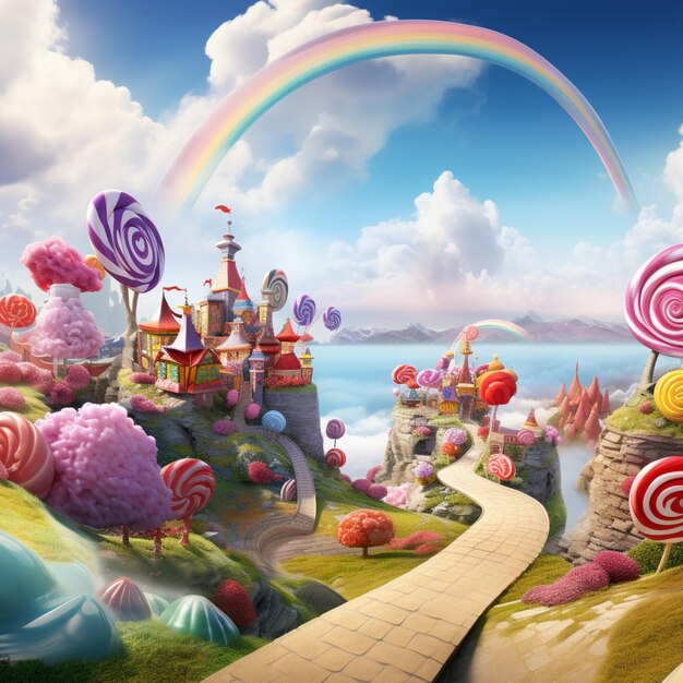 Arafed Blick auf ein Fantasy-Candy-Land mit einem Regenbogen am Himmel generative ai