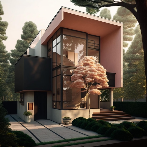 Arafed Blick auf ein modernes Haus mit einem Baum im Vorgarten generative ai