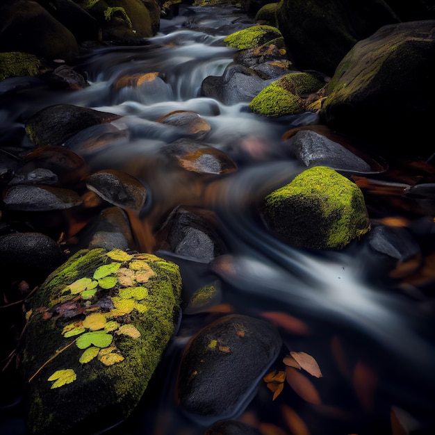 Arafed Blick auf einen Bach, der durch einen Wald mit Felsen und Blättern fließt