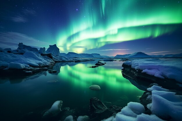 Foto arafed blick auf einen see mit einer grünen aurora bohrung im himmel generative ai