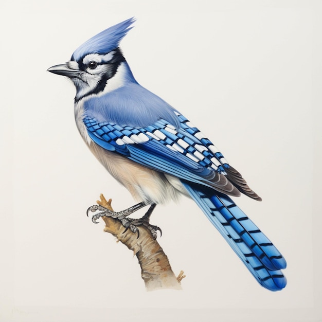 Arafed Blue Jay sitzt auf einem Zweig mit einem weißen Hintergrund generativ ai