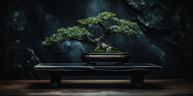 Arafed-Bonsai-Baum in einem Holztablett auf einem Tisch mit generativer KI