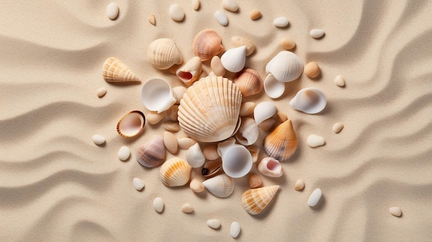 Arafed conchas y conchas en una playa de arena con un corazón rojo generativo ai