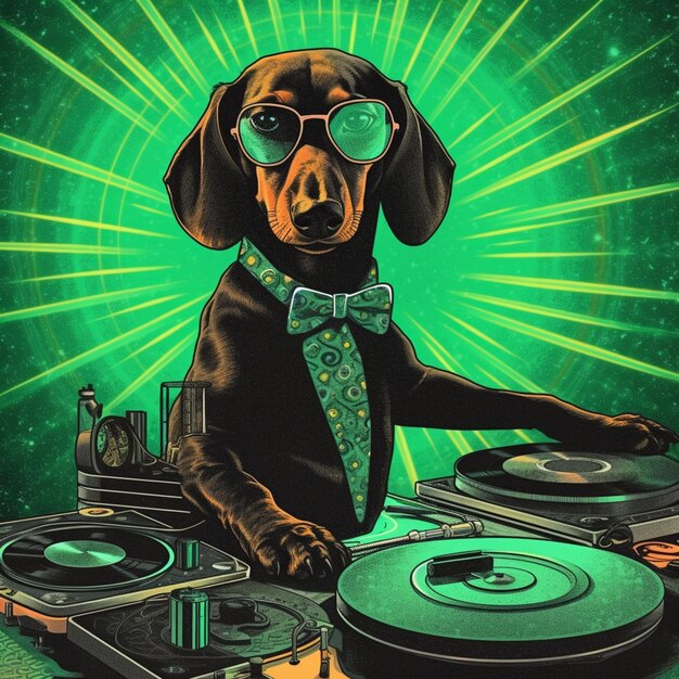 Foto arafed dachshund dj in sonnenbrille und fliege spielt eine platte generative ai