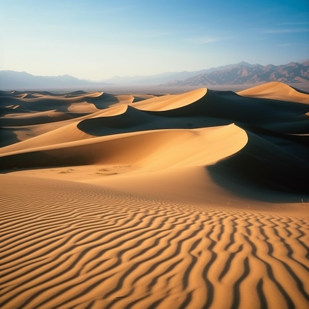 Arafed dunas de areia no deserto com montanhas à distância generativo ai