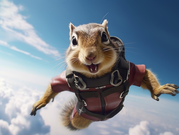 Arafed Eichhörnchen mit einem Fallschirm am Himmel mit Wolken generative ai