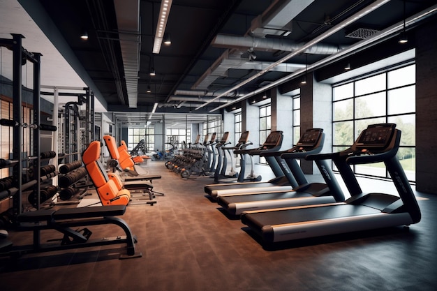 Arafed-Fitnessstudio mit Laufflächen und Geräten in einem großen Raum mit generativer KI
