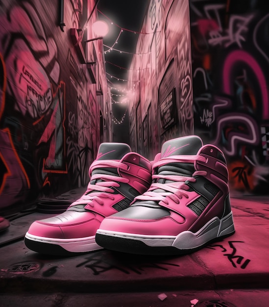 Arafed-Foto eines Paares rosa und schwarzer Turnschuhe auf einer mit Graffiti bedeckten Straße. Generative KI