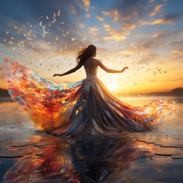 Arafed-Frau in einem fließenden Kleid steht im Wasser mit Vögeln, die um generative ai fliegen