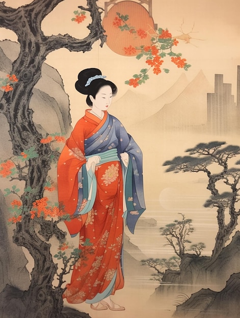 Arafed-Frau in einem Kimono steht vor einem Baum generativ ai