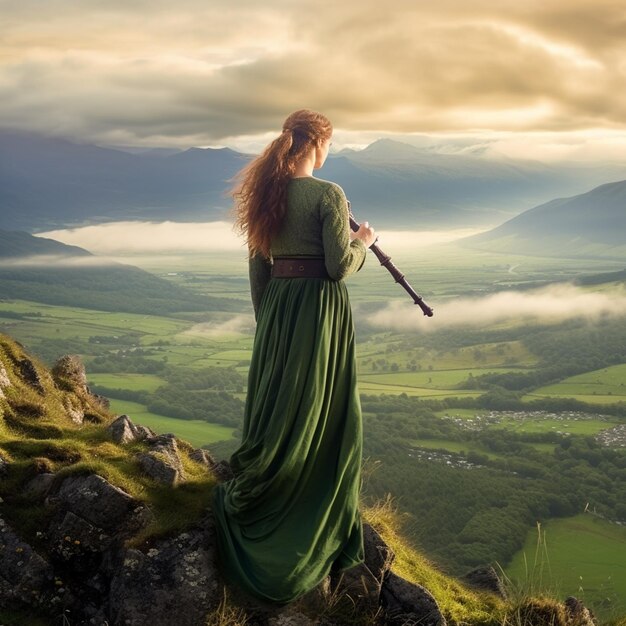 Foto arafed frau in grünem kleid steht auf einem felsen mit einer flöte generative ai